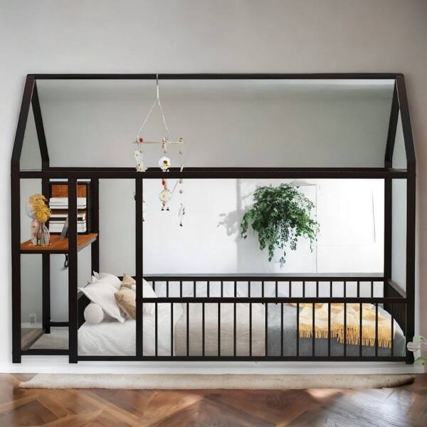 slide 2 of 19, Black Full Size Metal Bed with Desk, House Bed Frame with Shelves and USB Ports
