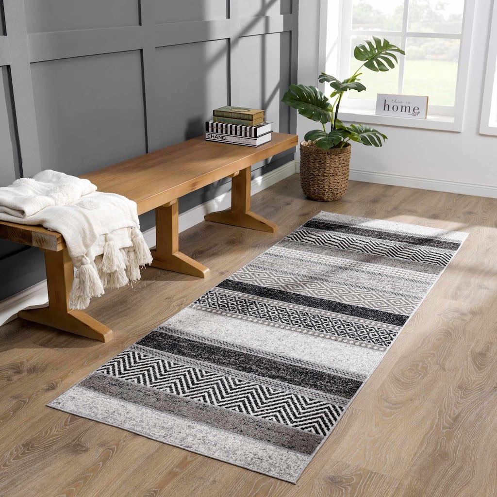 Hauteloom Middlestown Hallway, Kitchen Machine Washable Runner Rug - Black, Cream, Gray - 2'7" x 7'3"