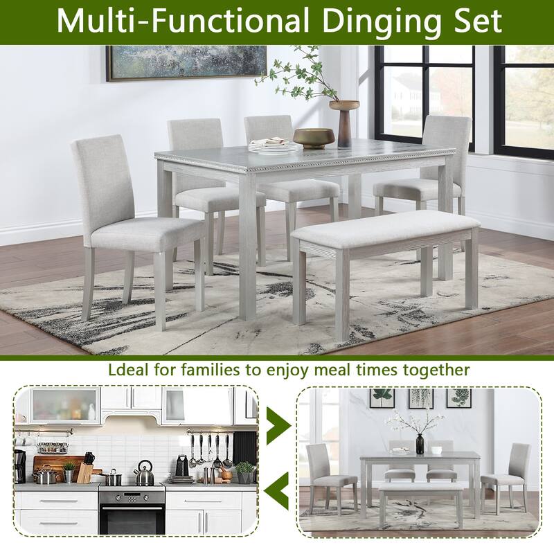 Kitchen Wooden Dining Table Set Rectangular Casual Dining Table with Crystal Accent Table Edge, 4 Dining Chairs, Bench