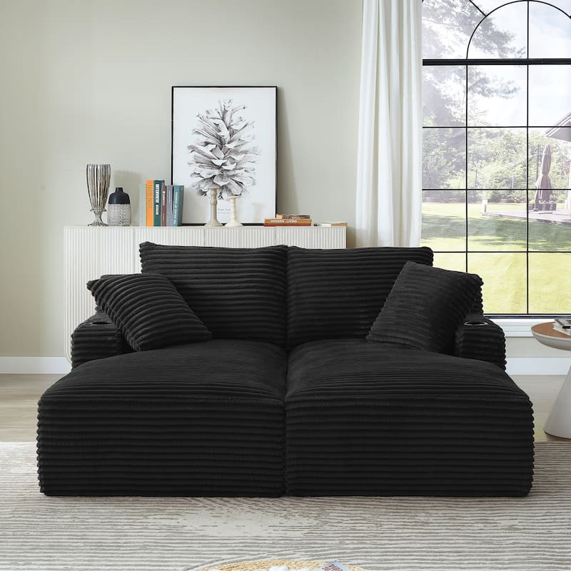 Compressible Double Chaise Lounge With Cupholders - No Assembly Required, Fluffy Modern Sleeper Loveseat - Black