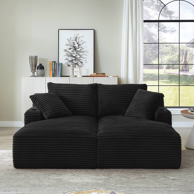 Roomfitters Double Chaise Lounge with Cup Holders and Plush Corduroy Upholstery, No Assembly Modern Sleeper Loveseat