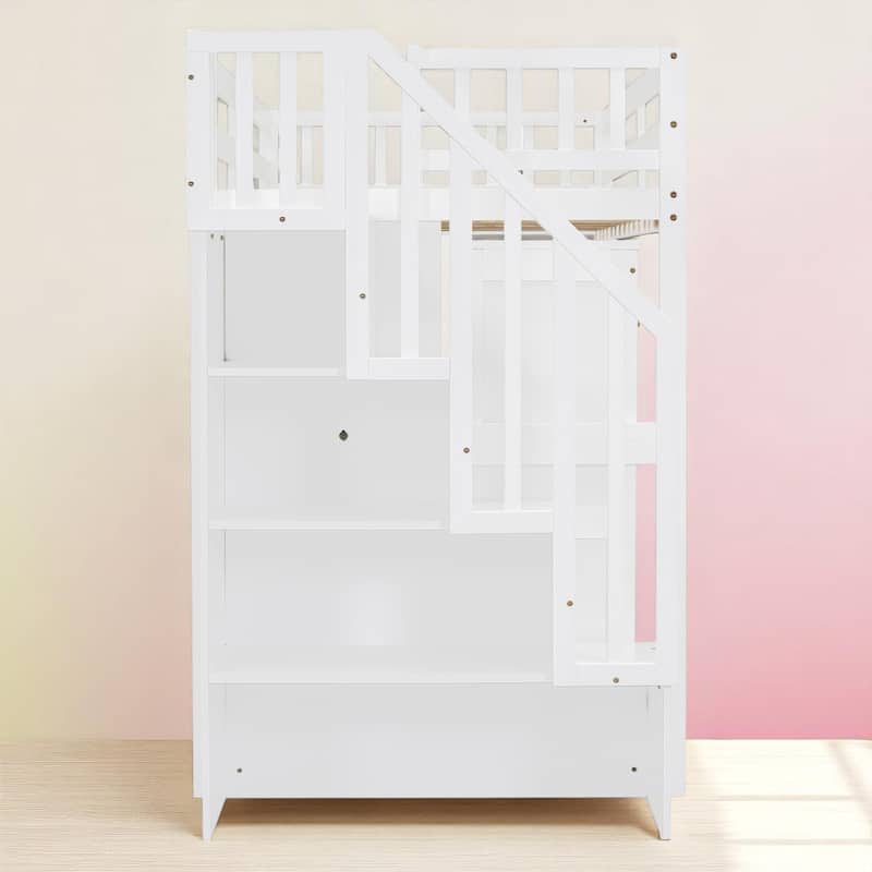 Twin/Full Size Loft Bed with Desk, Wardrobe, Drawers & Stairs, Wood Frame Study Bed with Storage for Kids/Teens