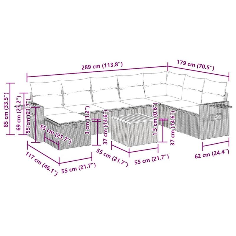 vidaXL 9 Piece Patio Sofa Set with Cushions Black Poly Rattan - 21.7 x 24.4 x 27.2