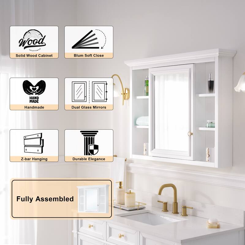 40"W X30"H Surface Mount Solid Wood Framed Medicine Cabinet With Mirror And Wooden Shelves