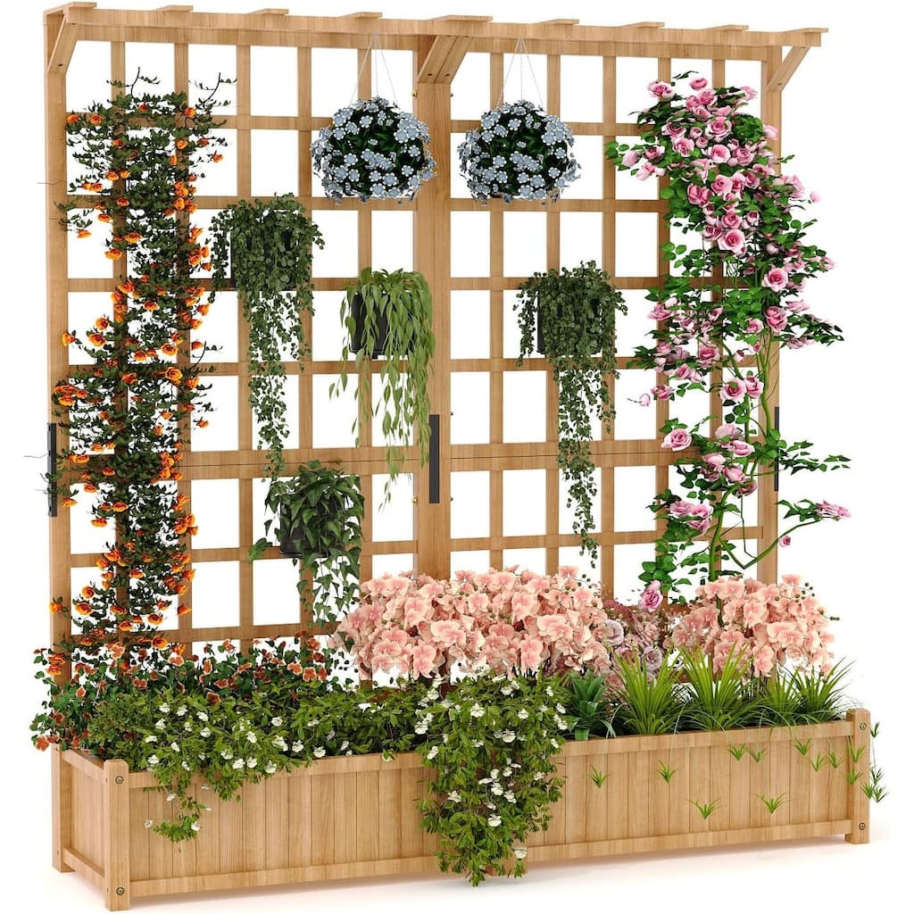 Double Tiered Wood Planter with Trellis and Roof - 1.4 ft Deep Raised Planter