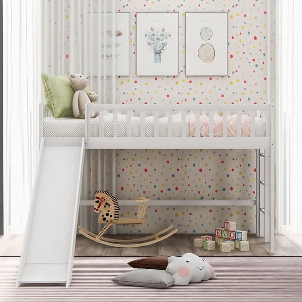 slide 2 of 26, Twin Size Low Loft Bed with Ladder and Slide,Cottage Style Wooden Bed White