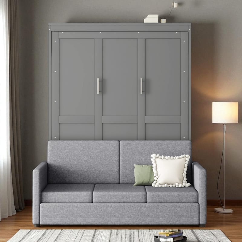 Full/Queen Size Murphy Wall Bed with Sofa Cushion, Pull-Down Foldable Bed with Storage, 600LB Capacity