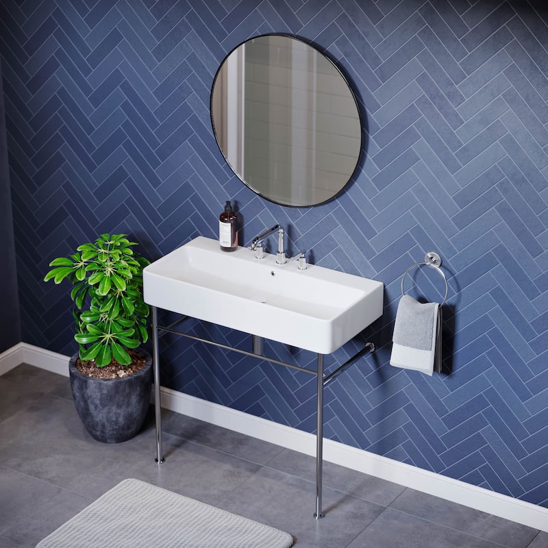 Carre 36" Console Sink White Basin Chrome Legs With 8" Widespread Holes - 35" x 16" x 34.7"