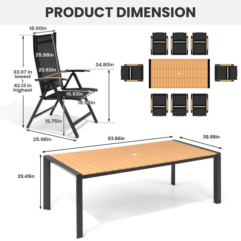 7/9/11-Piece Outdoor Dining Set Patio Aluminum Dining Table and Adjustable Folding Chairs