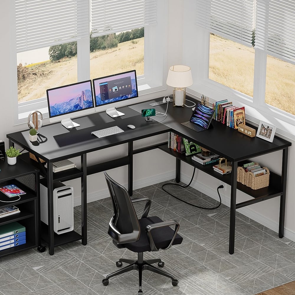 Reversible L Shaped Desk with Storage Shelves, Home Office Corner Desk with Charge Station