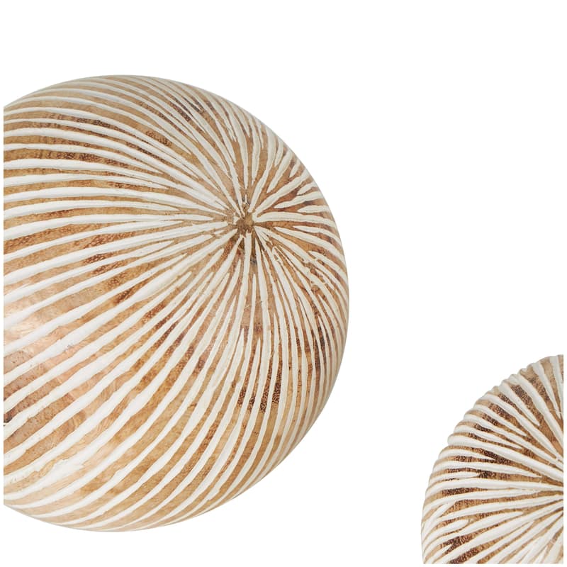 Cream Mango Wood Handmade Decorative Ball Orbs & Vase Filler with Carved Lines or Tribal Patterns (Set of 2)