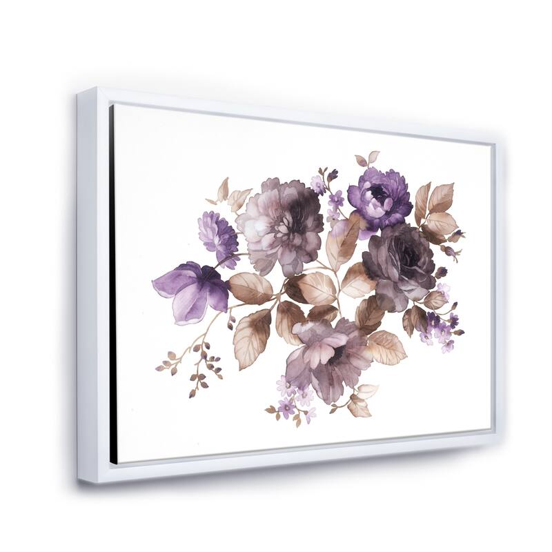 Designart "Purple Retro Flowers With Brown Leaves" Traditional Framed Canvas Wall Art Print - 32 In. Wide x 24 In. High - White