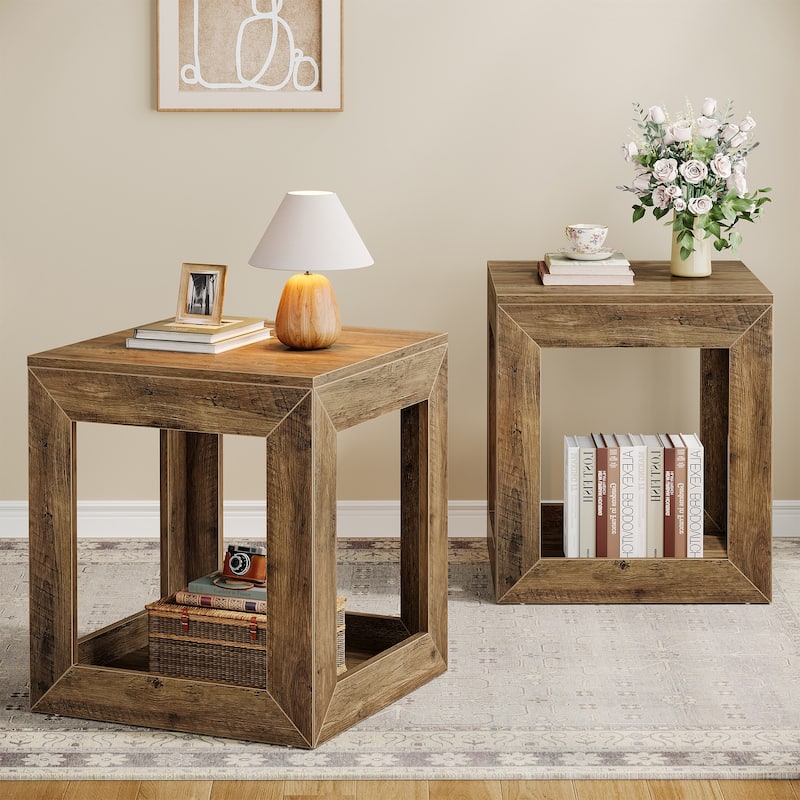 2-Tier Farmhouse End Table with Open Shelf, Wooden Accent Table for Living Room - 2-Piece