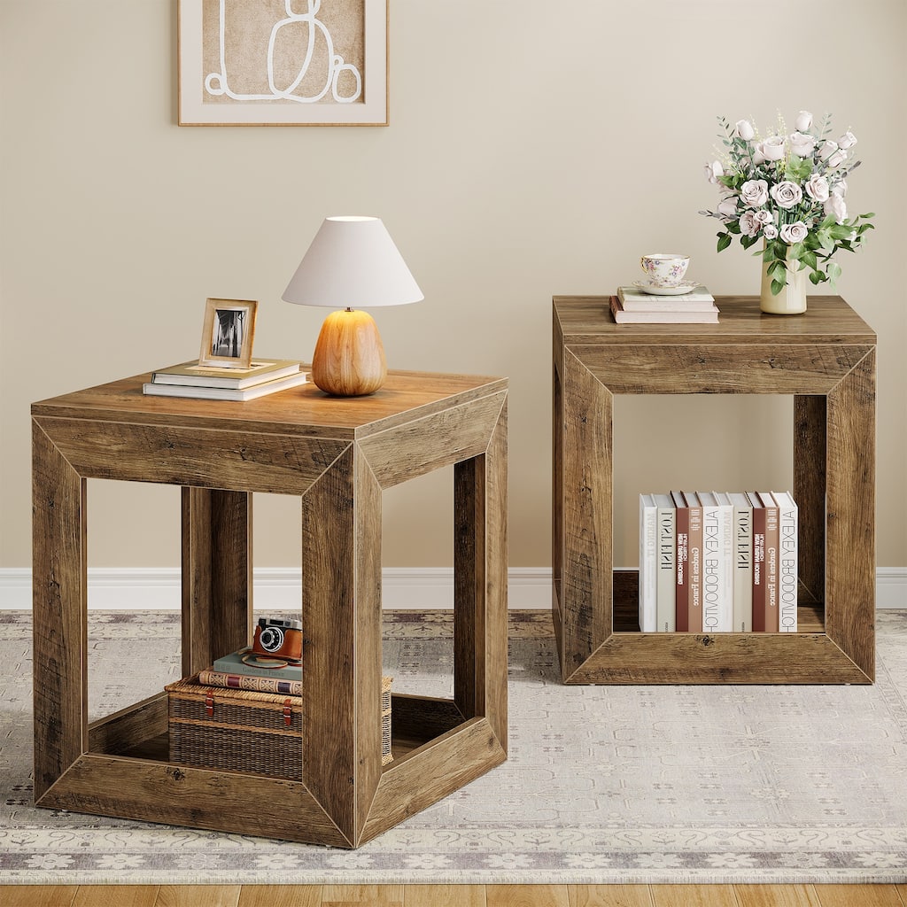 2-Tier Farmhouse End Table with Open Shelf, Wooden Accent Table for Living Room