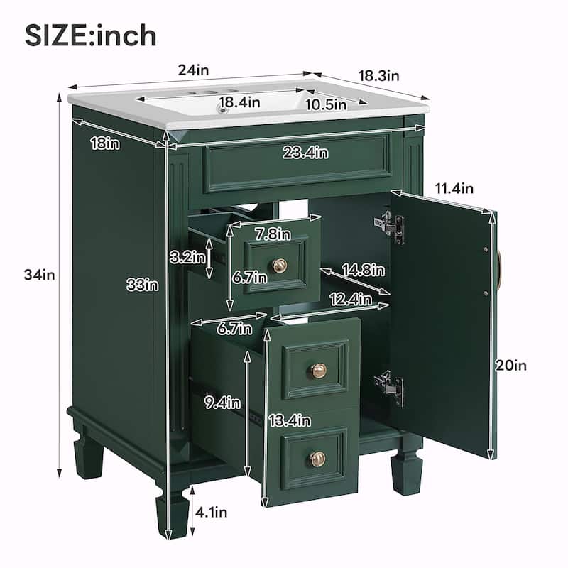 24" Bathroom Vanity with Ceramic Sink - Compact Bathroom Sink Cabinet