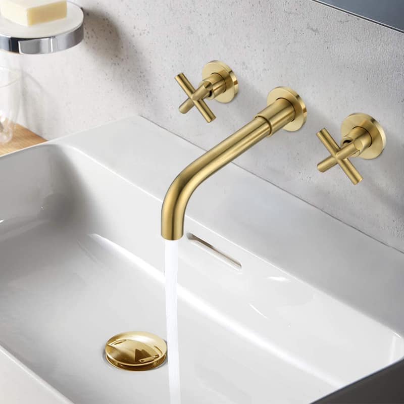 Wall Mounted Bathroom Sink Faucet with Cross Design Handle, Prevents Rust, Corrosion, Anti Fingerprint - Yellow