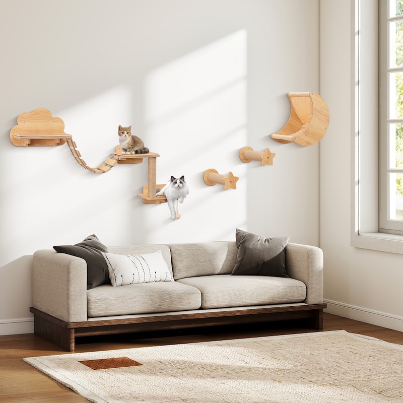 Gymax Wall-Mounted Cat Activity Center Modern Cat Wall Furniture Set - Beige