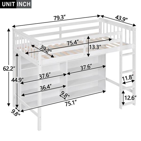 dimension image slide 1 of 2, Twin Size Wood Loft Bed w/ 8 Open Storage Shelves and Built-in Ladder