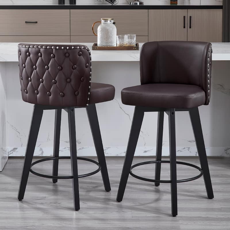 27.5" Faux Leather Upholstered Swivel Counter Height Bar Stool with Wooden Frame, Set of 1/2/3/4 - Brown - Set of 2