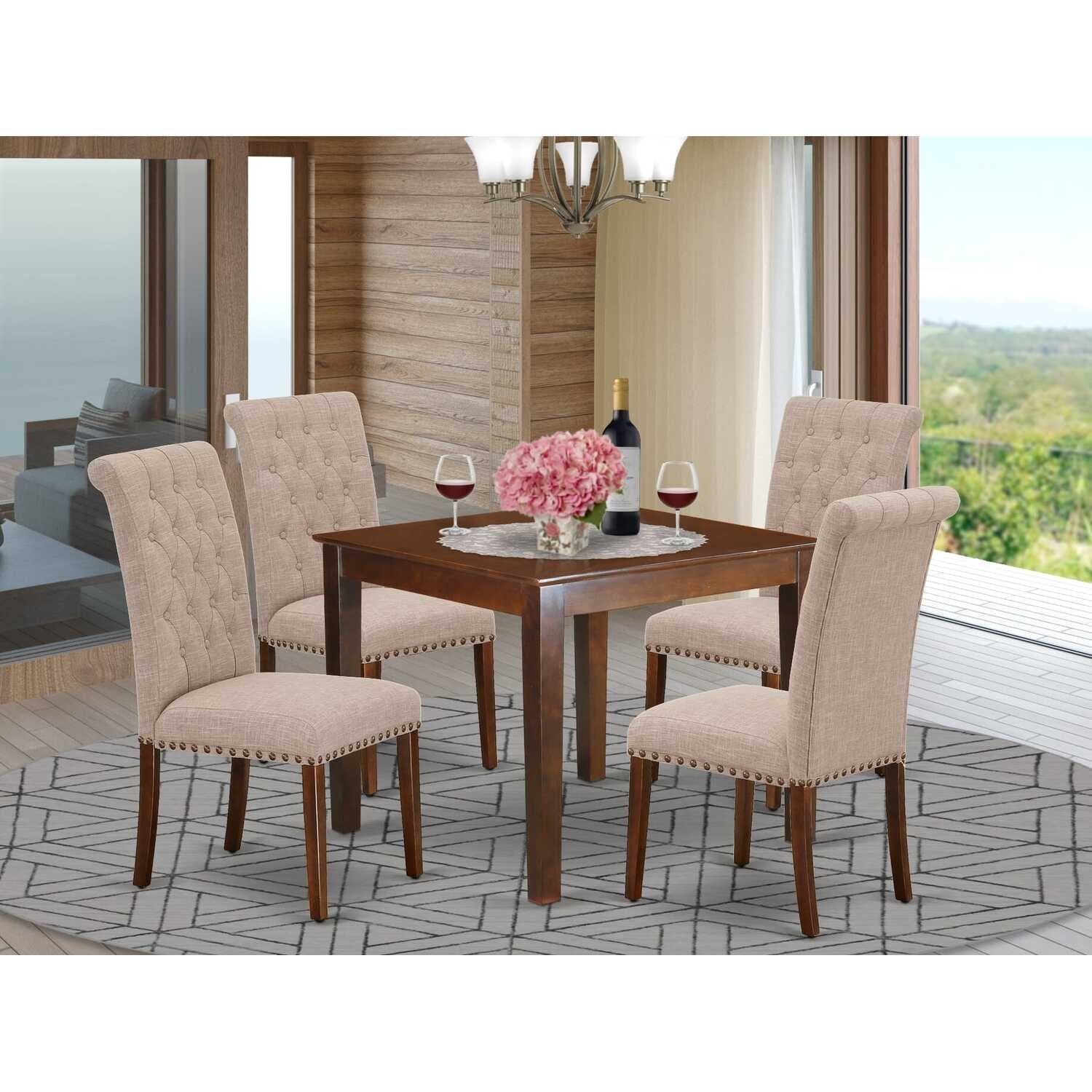 5-Piece Mahogany Finish Solid Wood Top - Square Dining Room Set - Seats 4