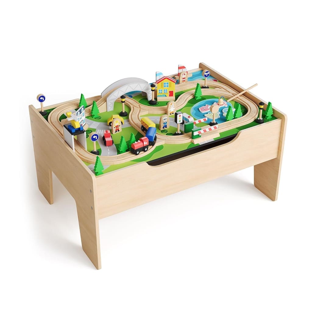 78 Piece 4-in-1 Wooden Train Table, Activity Play Set for Toddlers & Kids