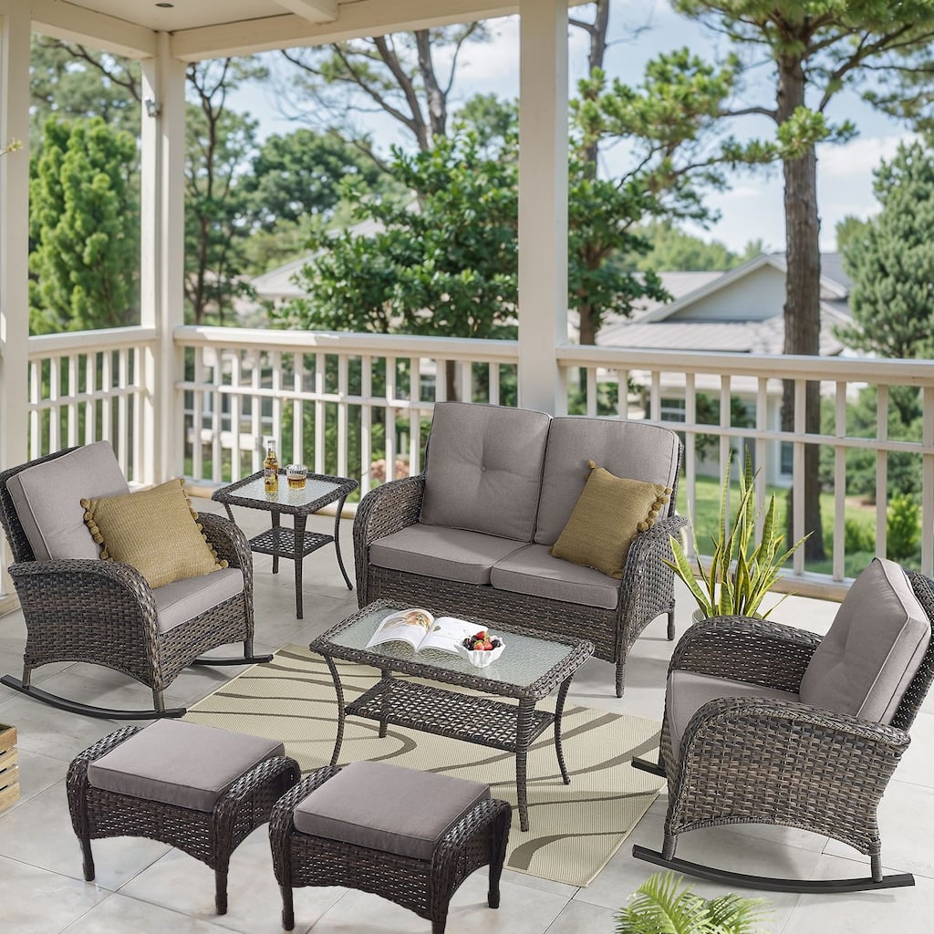 Outdoor Rocker Chair with Loveseat Table Ottomans