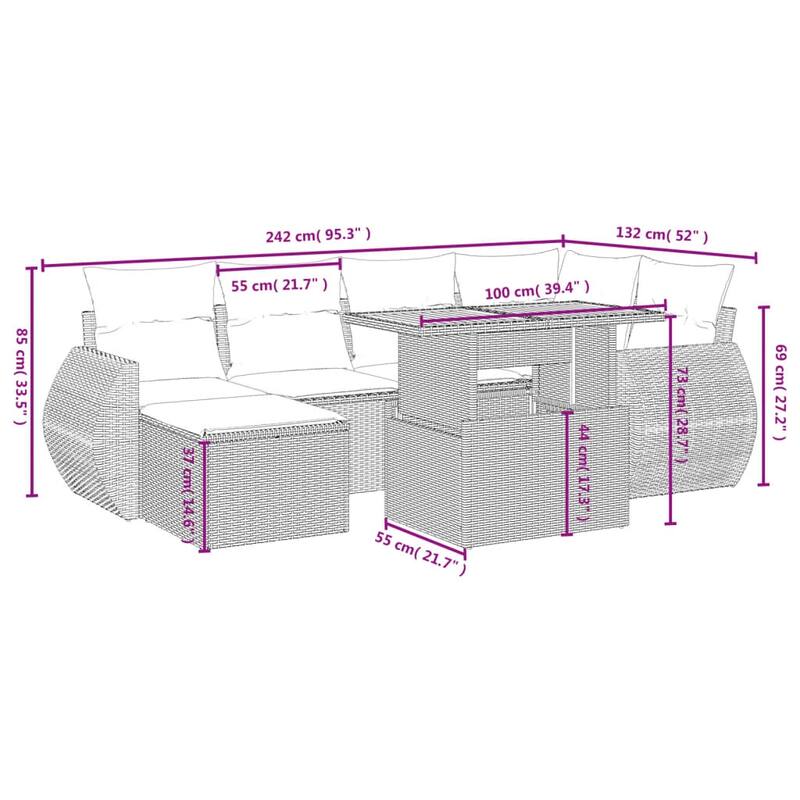 vidaXL Patio Sofa Set with Cushions Outdoor Conversation Furniture Poly Rattan - 21.7 x 24.4 x 27.2