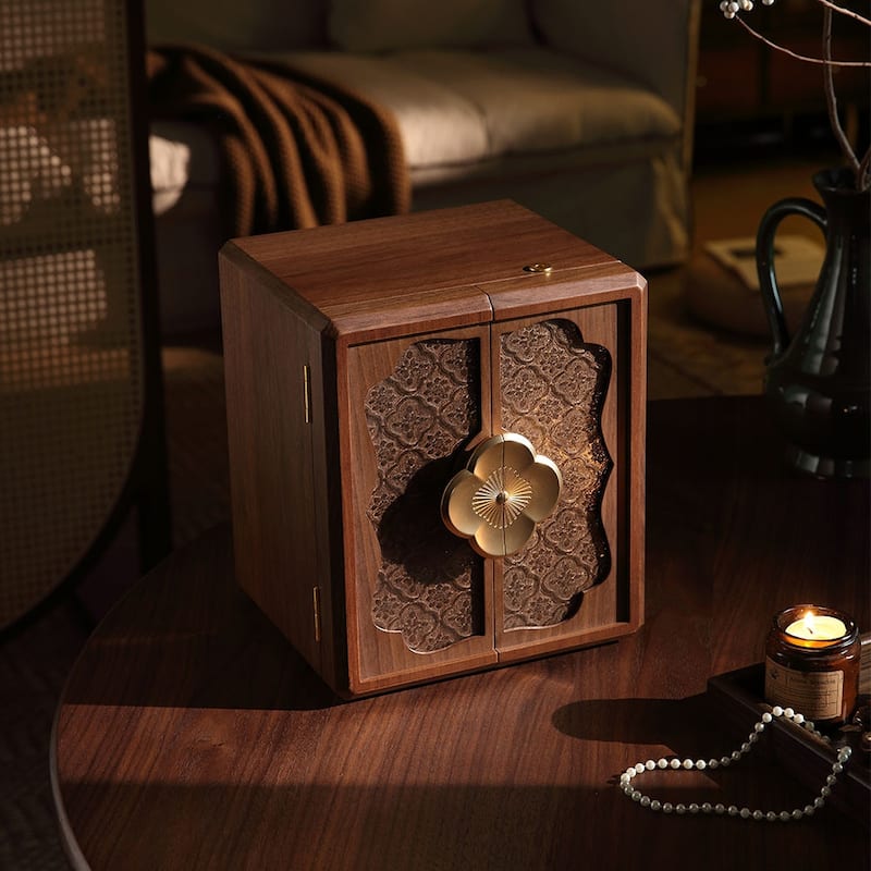 Modern Walnut Color Double-Door with Begonia Locking 5-Layer Jewelry Box - 9.06 - Walnut - 9.06