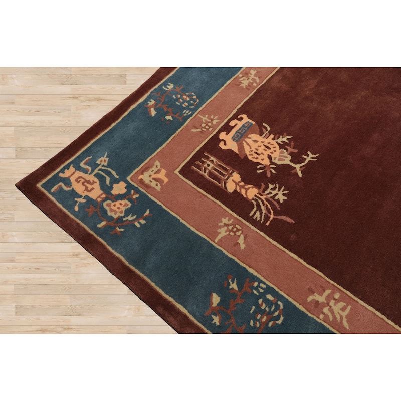 Hand Tufted LoomBloom Brown Oriental Area Rug Multi Sizes Featuring Vase Transitional Chinese Art Deco in New Zealand Wool