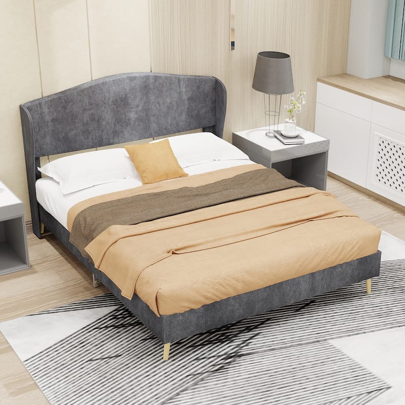 Modern Luxurious Full Size Velvet Upholstered Platform Bed, With Tufted Headboard