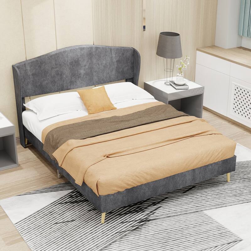 Upholstered Bed Frame Fabric Platform Bed with Wingback Headboard/Wood Slats Support/No Box Spring Needed/Noise-Free Structure