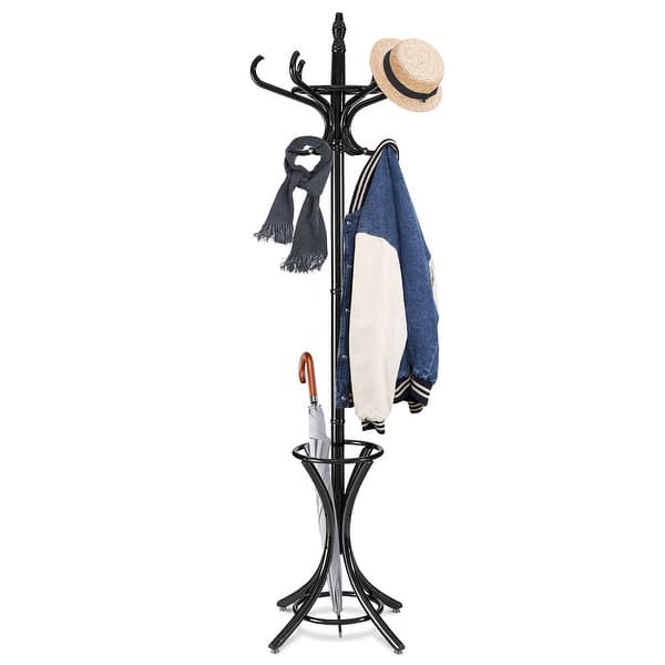 10-Hook Industrial Black Metal Pipe & Wood Hat Tree Stand