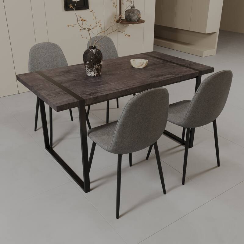 Modern Style 5-Piece Dining Set with Rectangular Wooden Kitchen Table and 4 Round Corner Suede Dining Chairs
