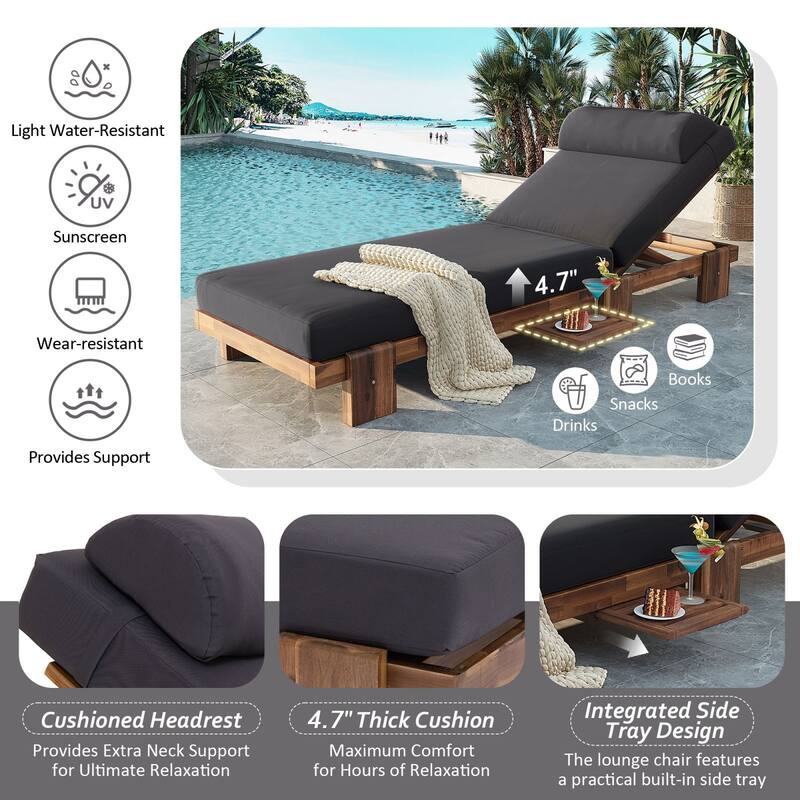 78.8'' Acacia Wood Outdoor Chaise Lounge Adjustable Recliner with Headrest & Retractable Side Tray - N/A