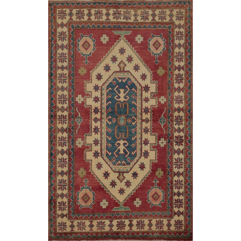 Hand Knotted Oriental 100% Wool Carpet Traditional Geometric Beige & Ivories Kazak Area Rug - 5' 4'' X 3' 7''