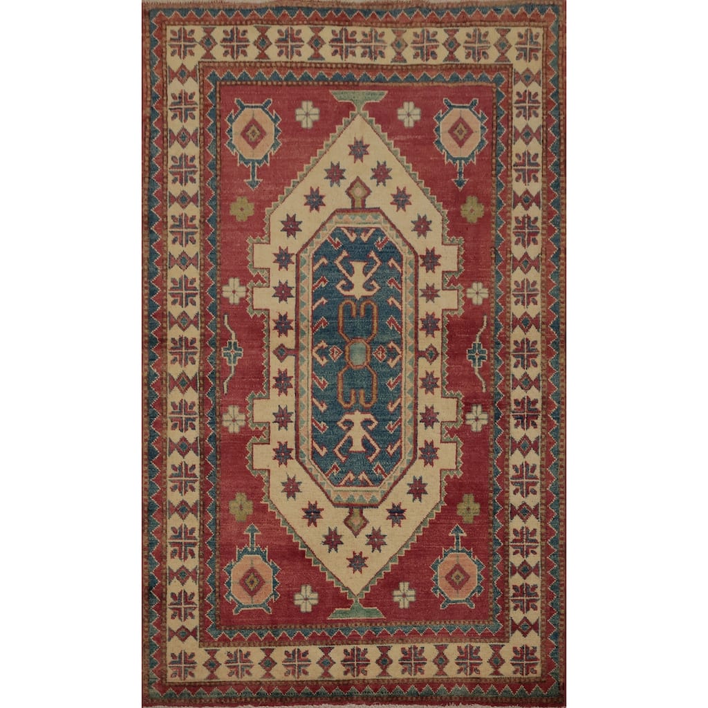 Hand Knotted Oriental 100% Wool Carpet Traditional Geometric Beige & Ivories Kazak Area Rug - 5' 4'' X 3' 7''