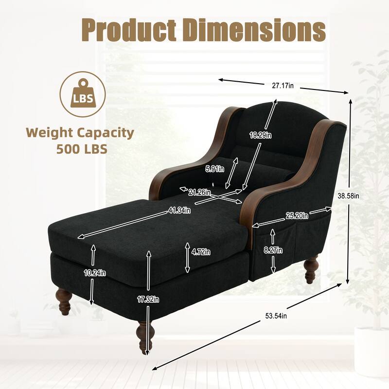 HOMEFUN Chenille Upholstered Wood Frame Oversized Chaise Lounge Single Sofa Bed with Side Pocket for Living Room,Bedroom