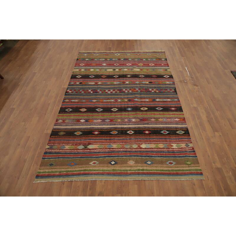 Hand Woven Oriental 100% Wool Carpet Southwestern Tribal Multi-Colored Kilim Area Rug - 9' 7'' X 5' 10''