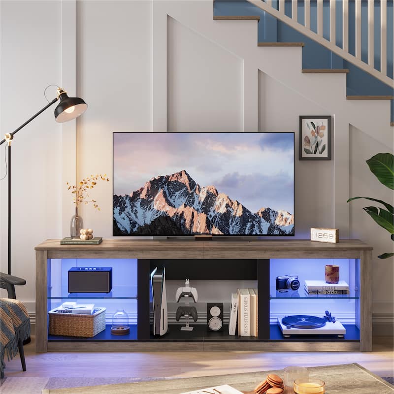 Bestier 70-Inch LED TV Stand with Tempered Glass Shelves and Open Cabinet - 71 in - Grey Wash