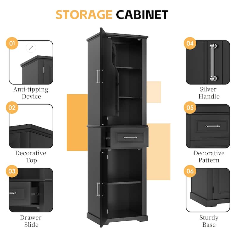72" Tall Bathroom Storage Cabinet with Drawer, 2 Doors, Adjustable Shelves and Door Rack, Freestanding MDF Organizer