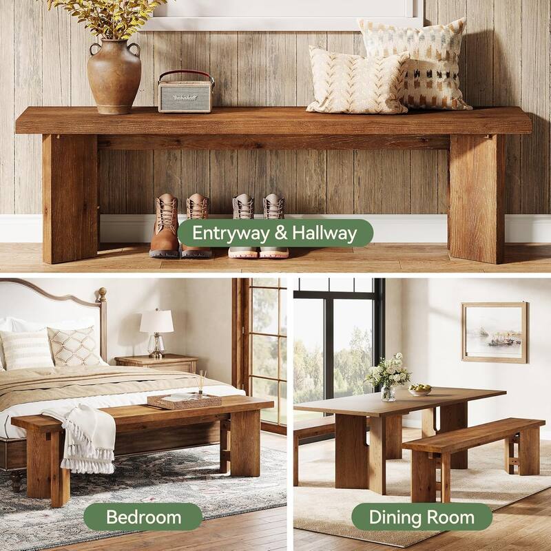62.99" Solid Wood Bench with Thickened Legs for Entryway, Entrance, Dining Room, Living Room, End of Bed