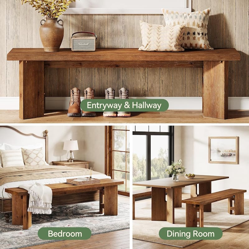Solid Wood Entryway Bench, 63" Farmhouse Wood Dining Bench with Thickened Legs - 62.99" W x 13.78" D x 17.72" H