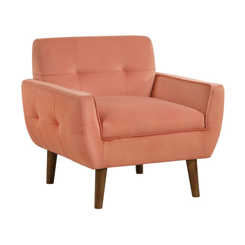Roa Accent Armchair, Coral Orange Velvet, Tufted Back w Tapered Legs