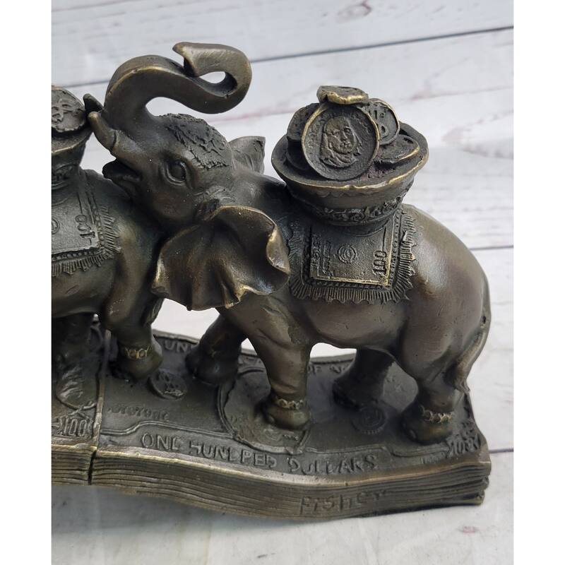 Elephants Crossing Bridge Carrying Money Fortune Lucky Bronze Sculpture Statue Art Decor