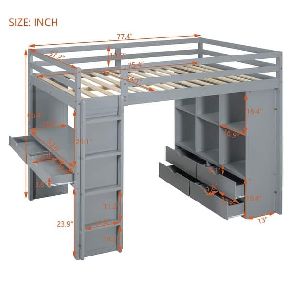 Full Loft Bed with Shelves & Drawers, Writing Desk and LED Light, Gray