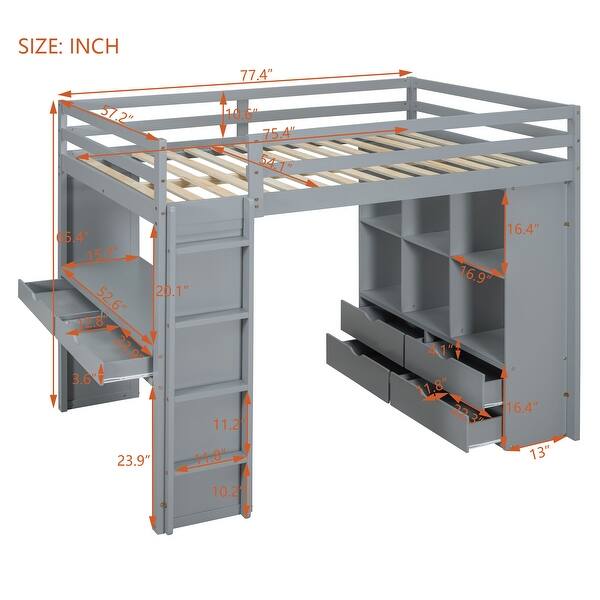 dimension image slide 0 of 2, Full Size Loft Bed with large shelves, writing desk & LED Light, White