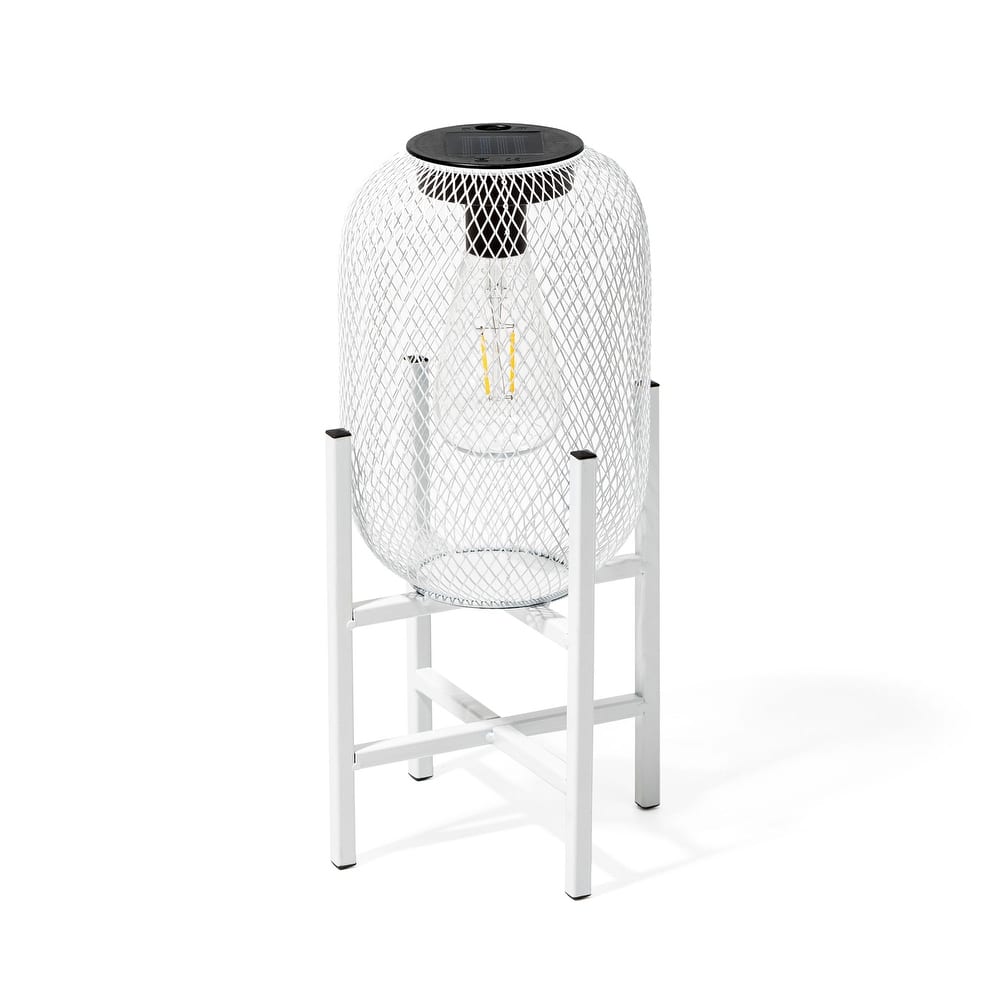 Glitzhome 14"H White Metal Mesh Outdoor Solar Lantern with Stand