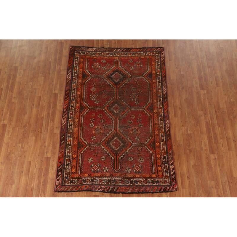 Pre-1900 Antique Qashqai Persian Rug Vegetable Dye Wool Carpet - 5'1"x 7'7"