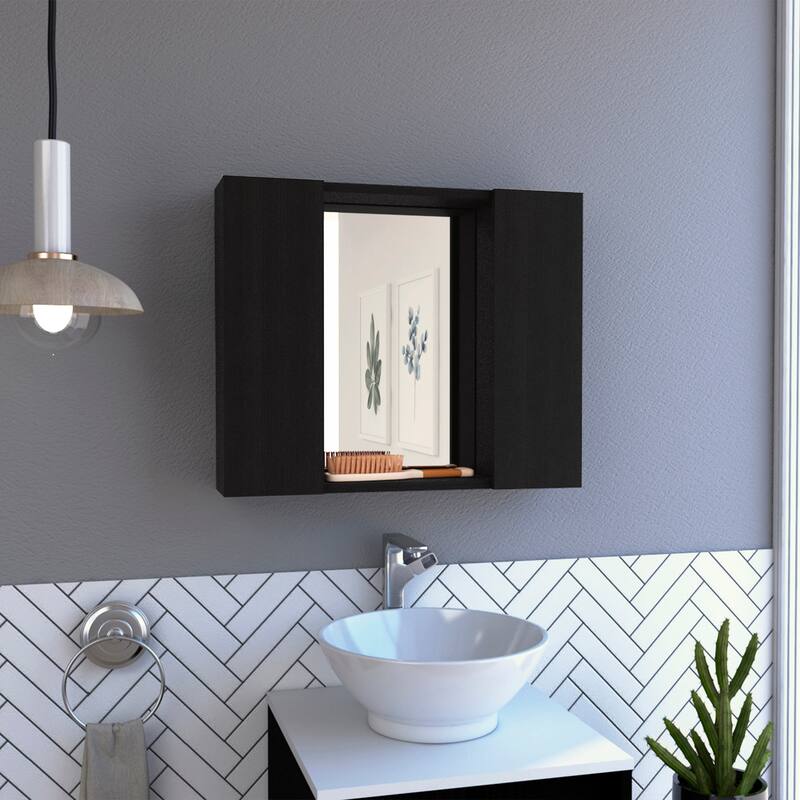 2-Door Medicine Cabinet with Mirror, Bathroom Wall Cabinet with Open Shelf - Black