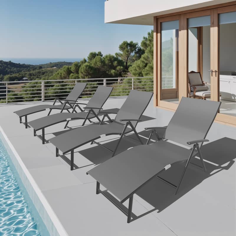 Outdoor Adjustable Aluminum Patio Folding Chaise Lounge Chair - Grey - 4PC